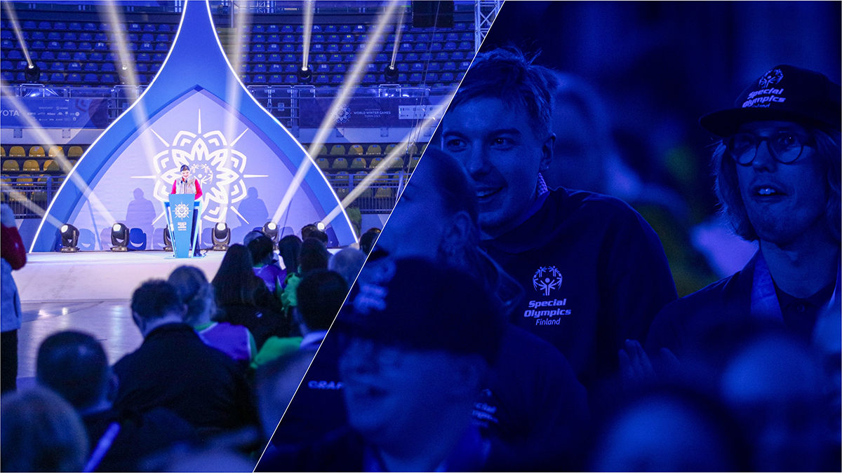 Kuvakollaasissa kaksi kuvaa Torinon 2025 kisojen päättäjäistilaisuudesta.